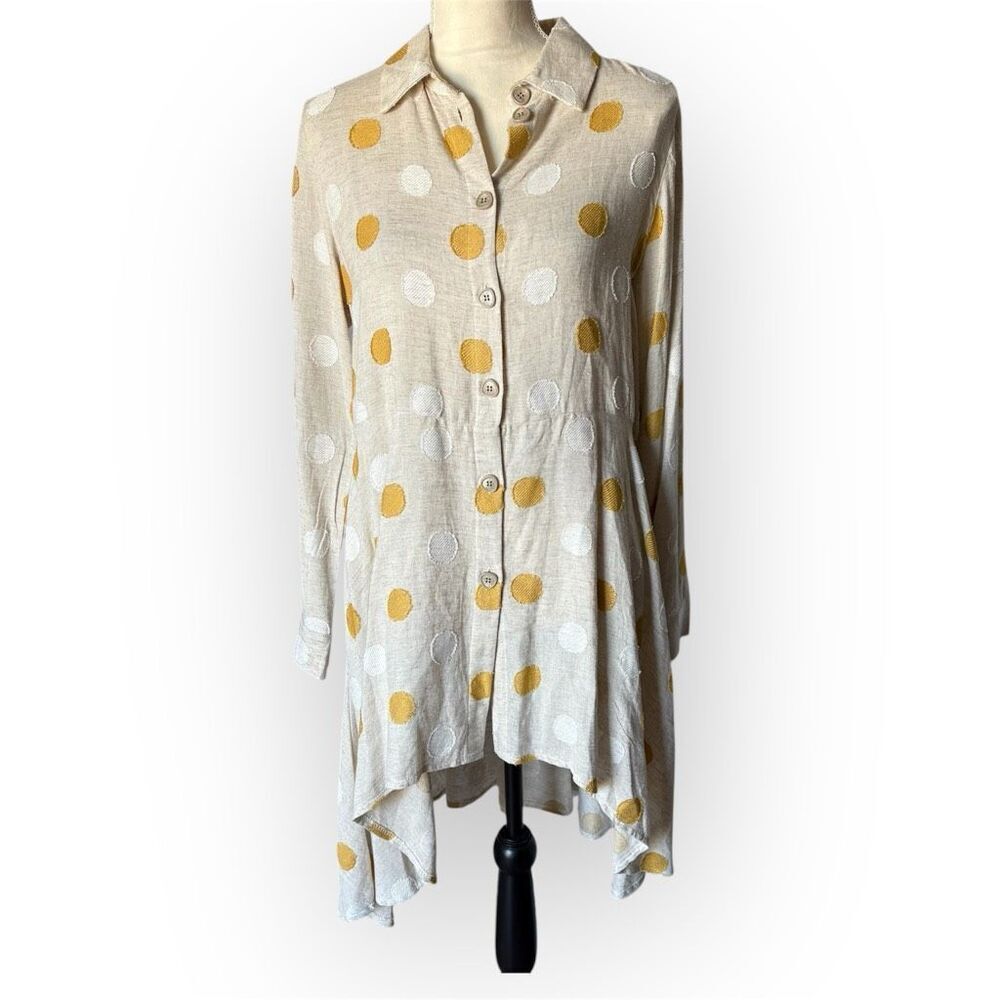 Kozan Linen HighLow Mini Shirt Dress Size Small Button Down Polka Dot Lagenlook